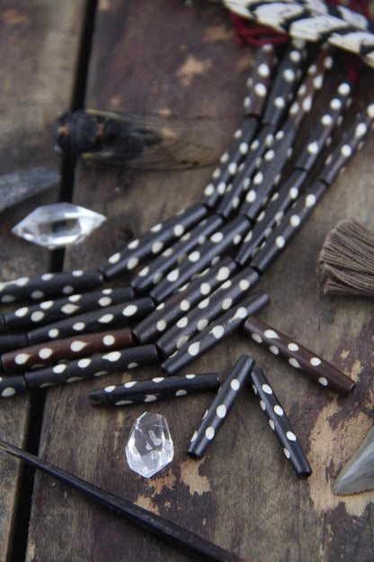 Brown Dotted Tube: White Polka Dot Bone Beads, 7x35mm, 5 pieces