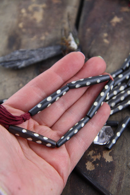 Brown Dotted Tube: White Polka Dot Bone Beads, 7x35mm, 5 pieces
