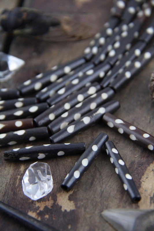 Brown Dotted Tube: White Polka Dot Bone Beads, 7x35mm, 5 pieces