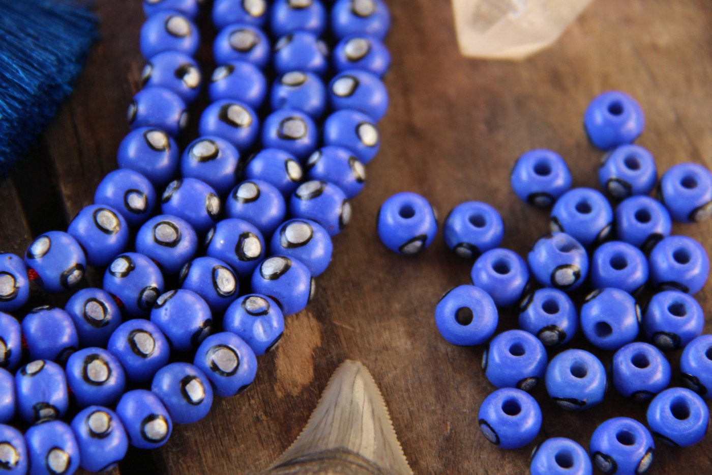 Blue Silver Spot Rondelle Bone Beads: 8x6mm, 30 Pieces