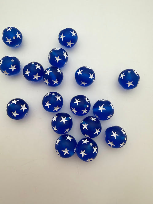 Round Bead with Stars 14mm Cobalt Matte & White Stars