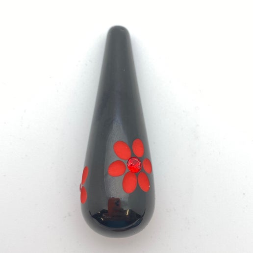 Carved Bead Tear drop 60mm Jet with Red
