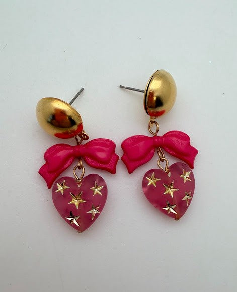 Heart Bead with Gold Stars Inlay 14mm Rose Matte