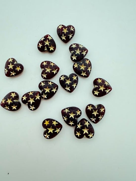 Heart Bead with Gold Stars Inlay 14mm Ruby Matte