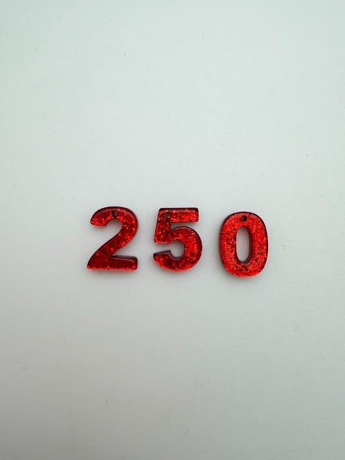 250 Number Charm Set 15mm Red Glitter