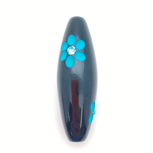 Carved Oval Bead 60mm Jet with Teal